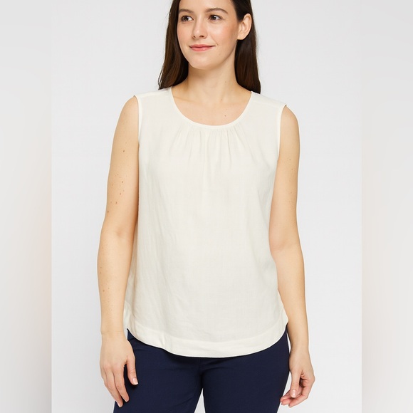 Donna Karan Linen Cream Tan Sleeveless Casual Spring Summer Designer Blouse Tops - Picture 10 of 10